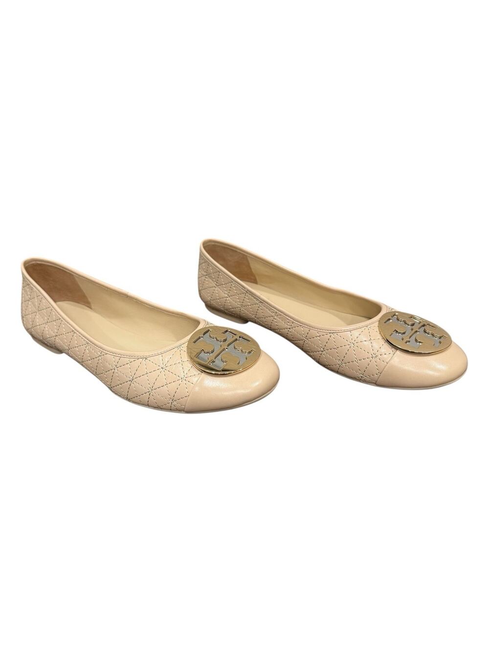 Tory Burch Claire Quilted Ballet Flats Beige Cap Toe Leather Size 8.5 Pristine